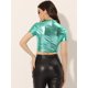 thumbnail image 3 of Disfraz de navidad Allegra K Top corto metalizado de manga corta con cuello alto para mujer Menta Verde L, 3 of 6