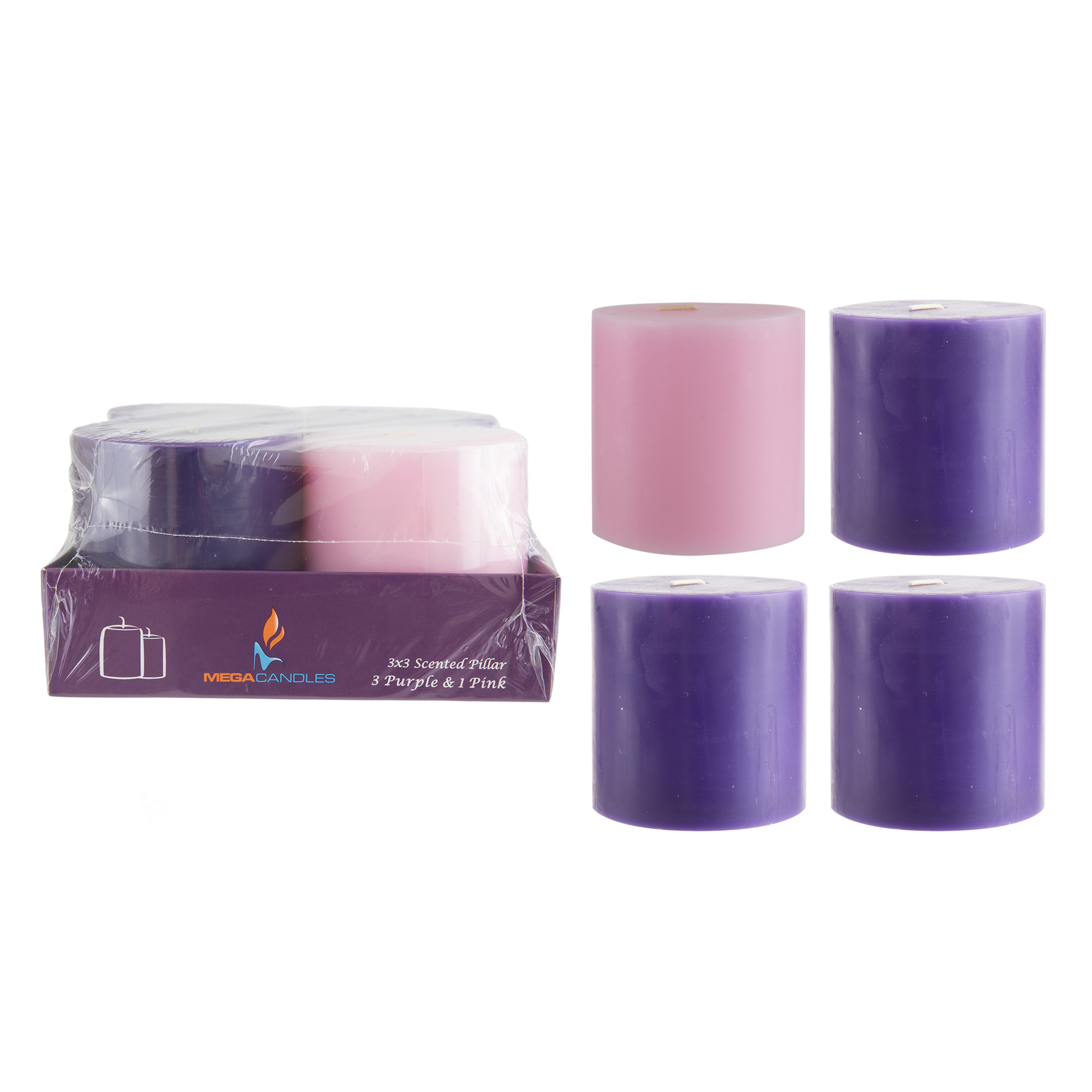 Mega Candles 3" x 3" Advent Unscented Pillar Candle, Set of 4