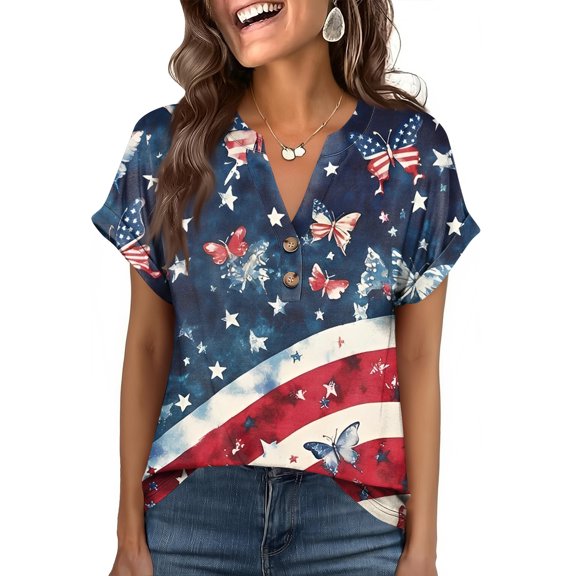 Iaqnaocc Womens Shirts 250 Anniversary Usa 4th Of July Short Sleeve Button V Neck Patriotic American Flag Butterfly Tees Vintage 2026 Summer Festival Tee Shirts Dark Blue M