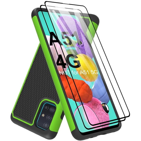 for Samsung Galaxy A51 (4G Version) Case with Tempered Glass Screen Protector, Dual Layer Protection Cover Protective Phone Cases for Samsung Galaxy A51 A515, Green