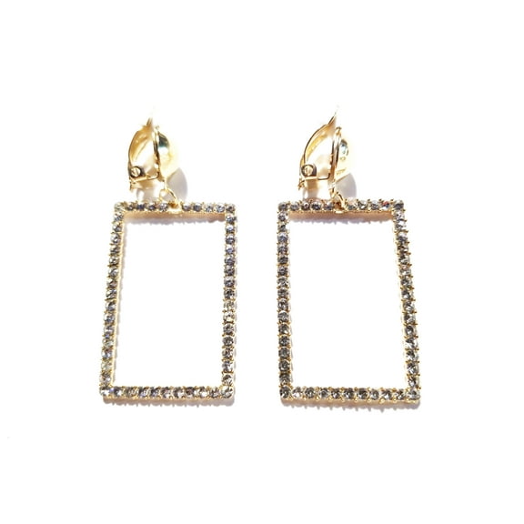 Clip-on Earrings Square Crystal Gold Tone Rhinestone Hoop Earrings 2.5 inch