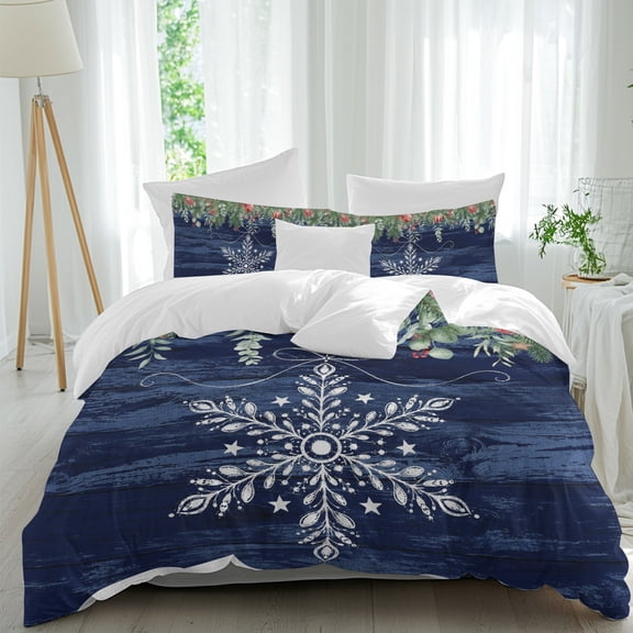 Duvet Cover Twin Size 3 Piece Bedding Set, Winter Snowflake Christmas Balls Soft Breathable Comforter Cover with 2 Pillow Shams, Navy Blue Wooden Plank Luxury Duvet Covers with Zipper Closure