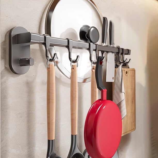 Estante para utensilios de cocina de pared | Varilla para colgar ollas, sartenes y cucharas sin taladro | Organizador de almacenamiento ajustable que ahorra espacio | Aluminio negro