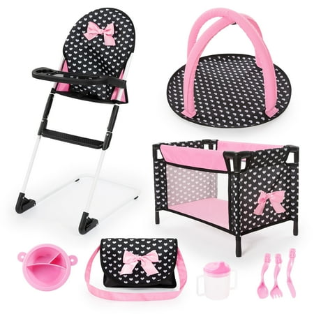Baby Doll Travel Set W/ Bed Highchair Playground & Accessories 9 Pieces