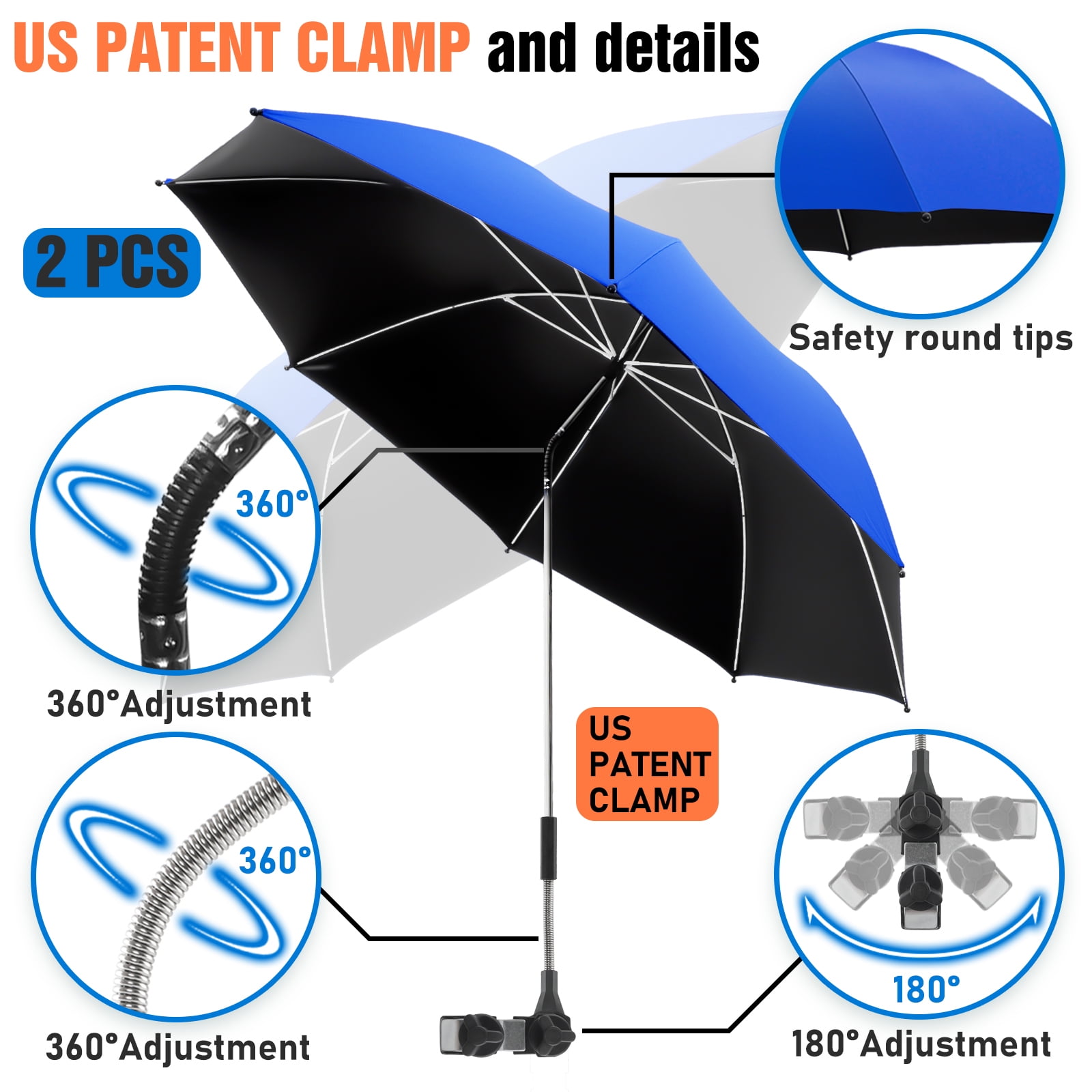 42" 2 Pack Beach Chair with Umbrella,99.99% UV Protection Chair Umbrella, UPF50+ 360° Adjustable Beach Chair Umbrella with Clamp(Azure Blue, Not Include Chair)