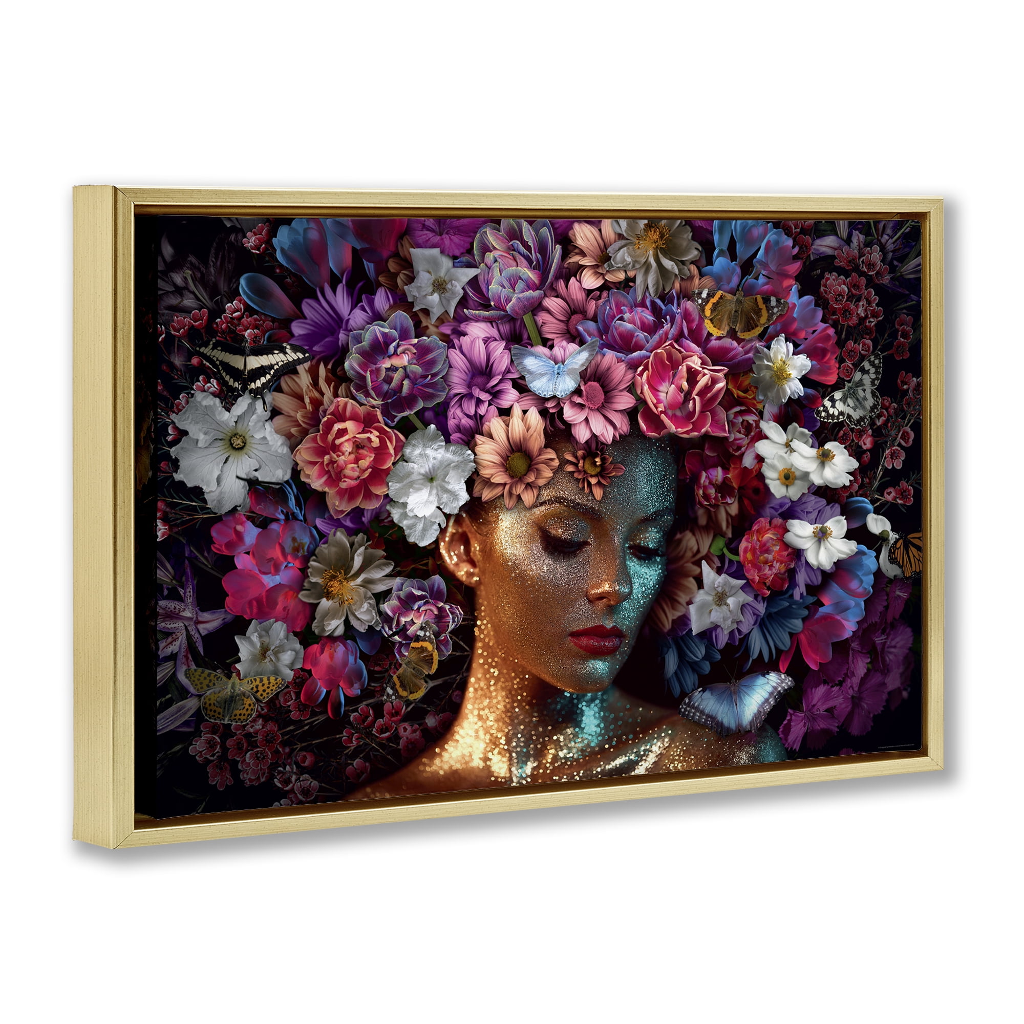 Stupell Industries Glitz Woman with Florals Plants & Flowers Painting Gold Floater Framed Canvas Art Print Wall Art, 25 x 17