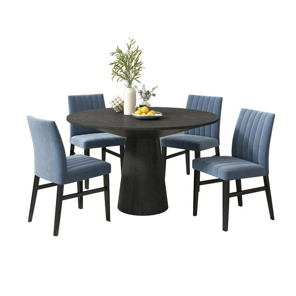 Roundhill Furniture Butler 5-Piece Round Dining Set, Pedestal Dining Table with 4 Side Chairs, Blue
