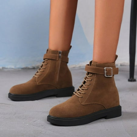 

ERTUTUYI Women Ankle Lace Casual Solid Boots Shoes Thermal Winter Boots Short Flats Slipon Plush Round Boots Up Toe Women s Boots Brown 37