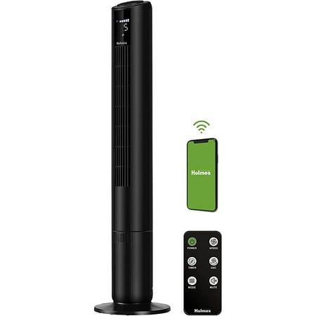 

HOLMES 42 SmartConnect WI-FI Digital Tower Fan ClearRead Display Alexa Voice Control 80° Oscillation 5 Speeds 4 Modes 8-Hour Timer Home Bedroom or Office Remote Control Matte Black