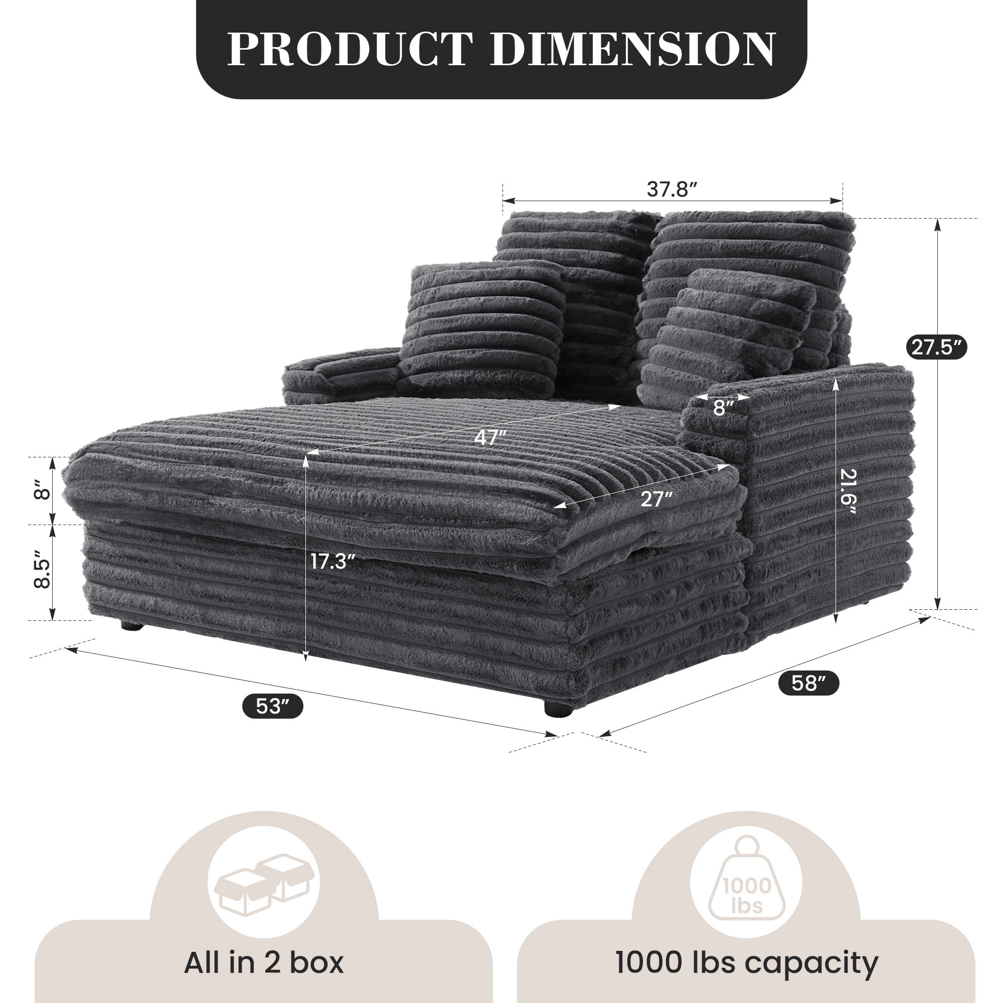 Oversized Chaise Lounge Chair Indoor, Upholstered Sofa Bed with Throw Pillows and Armrests, Sleeper Chair for Living Room, Bedroom,Light Grey