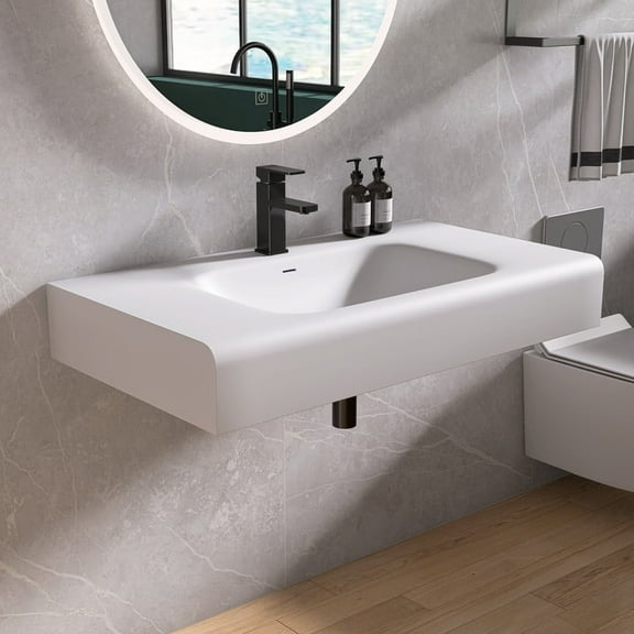 MEDUNJESS 39" Bathroom Floating Vanity with Sink, Modern Wall Mount Stone Resin Vessel Sink with Faucet Hole,Matte White