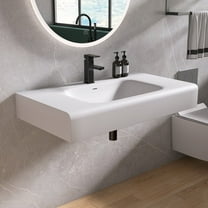 MEDUNJESS 39" Bathroom Floating Vanity with Sink, Modern Wall Mount Stone Resin Vessel Sink with Faucet Hole,Matte White