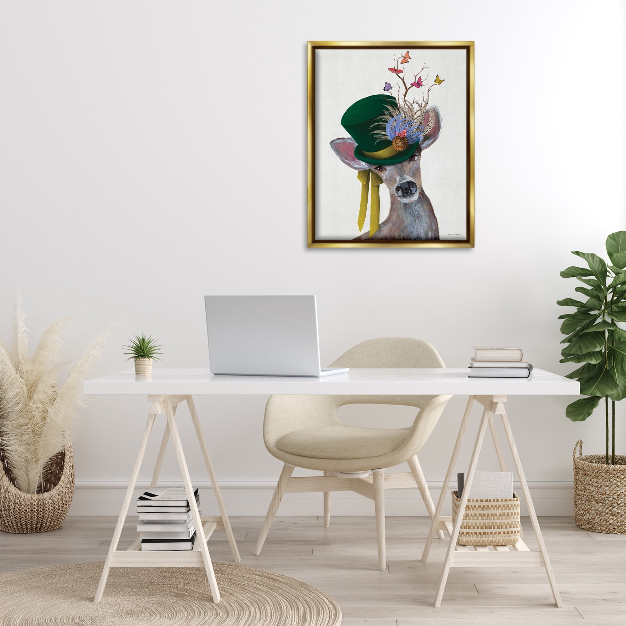 Stupell Industries Deer with Butterfly Hat Animals & Insects Painting Gold Floater Framed Canvas Art Print Wall Art, 25 x 31