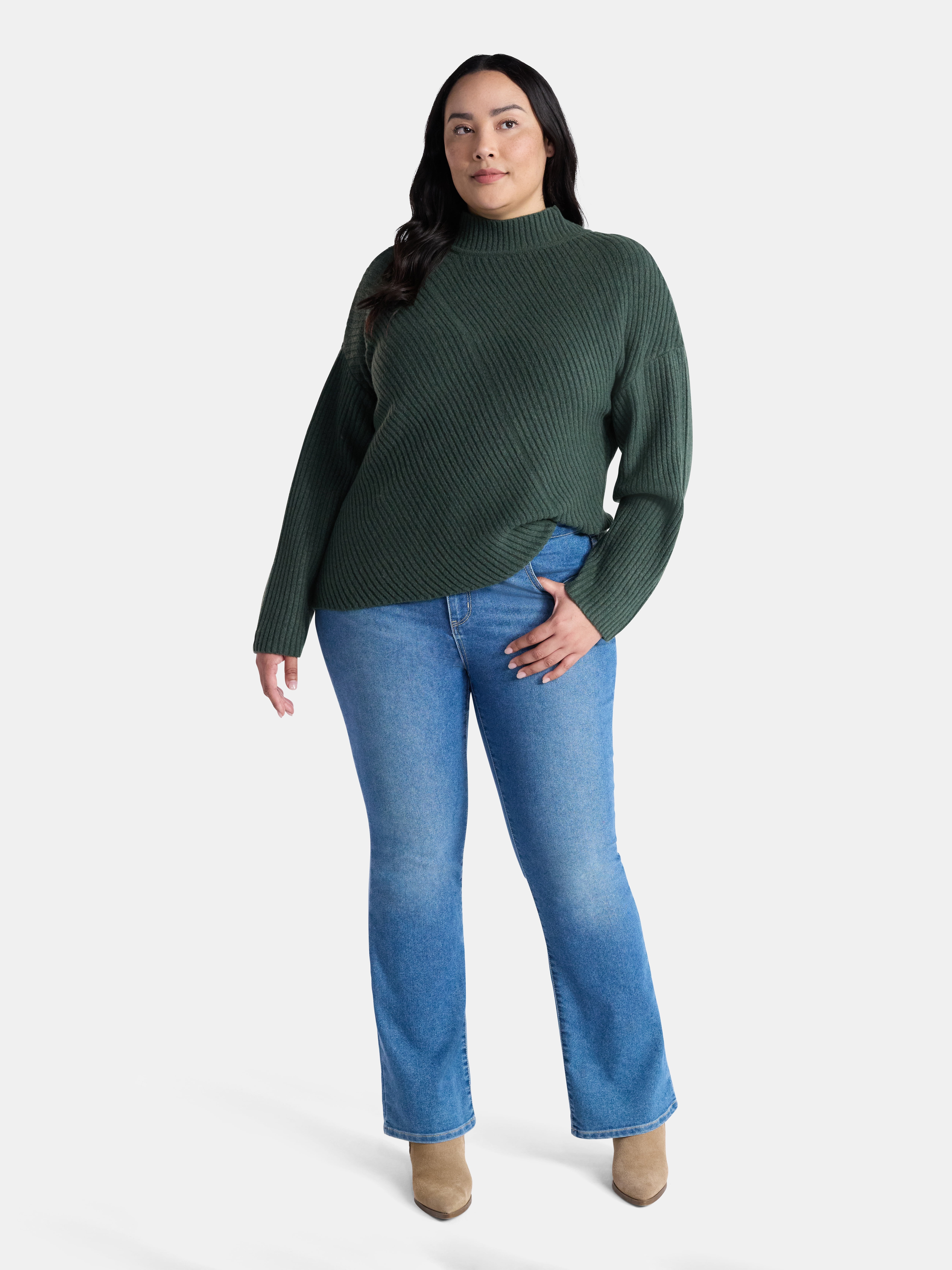 Terra & Sky Women’s Plus Diagonal Ribbed Mock Neck Sweater, Lightweight, Sizes 0X-5X