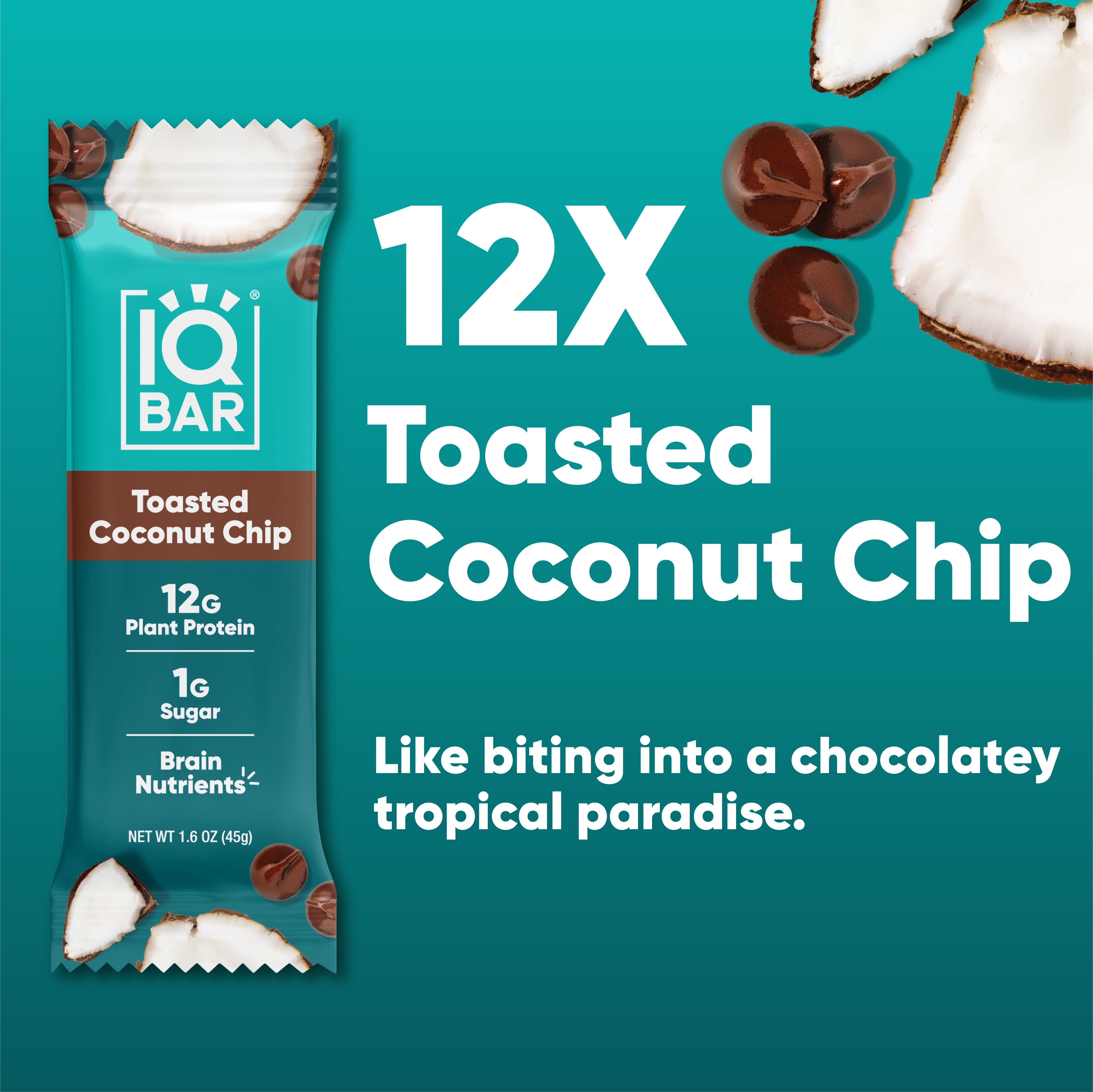 IQBAR Clean Plant Protein Bars - Toasted Coconut Chip - 12 Count - Keto, Vegan, High Fiber, Gluten and Dairy Free, Low Sugar Snack
