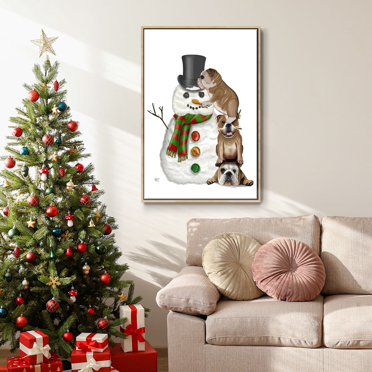 Christmas English Bulldogs Building Snowman - Framed Gallery Wrapped Holiday Canvas - 17 x 25 - Natural Wood Frame