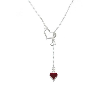 Long Lariat - Silvertone Small Long Maroon Heart - In My Heart Lariat Necklace