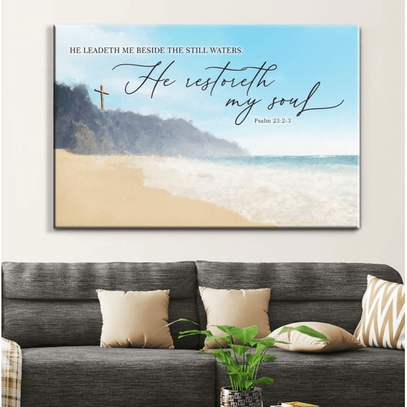 Psalm 23:2-3 Beach Landscape Christian Framed Canvas Wall Art, Bible Verse Scripture Home Decor for Office Living Room Bedroom, Inspirational Religious Wall Decor Gift