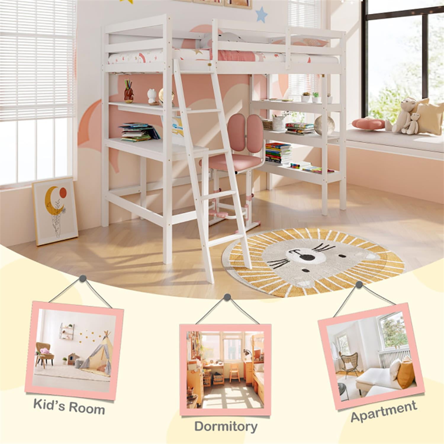 Demi Bonn Loft Bed Twin Size, Solid Wood Loft Bed with Desk and Bookshelves, Modern Wooden Bed Frame for Teens, White