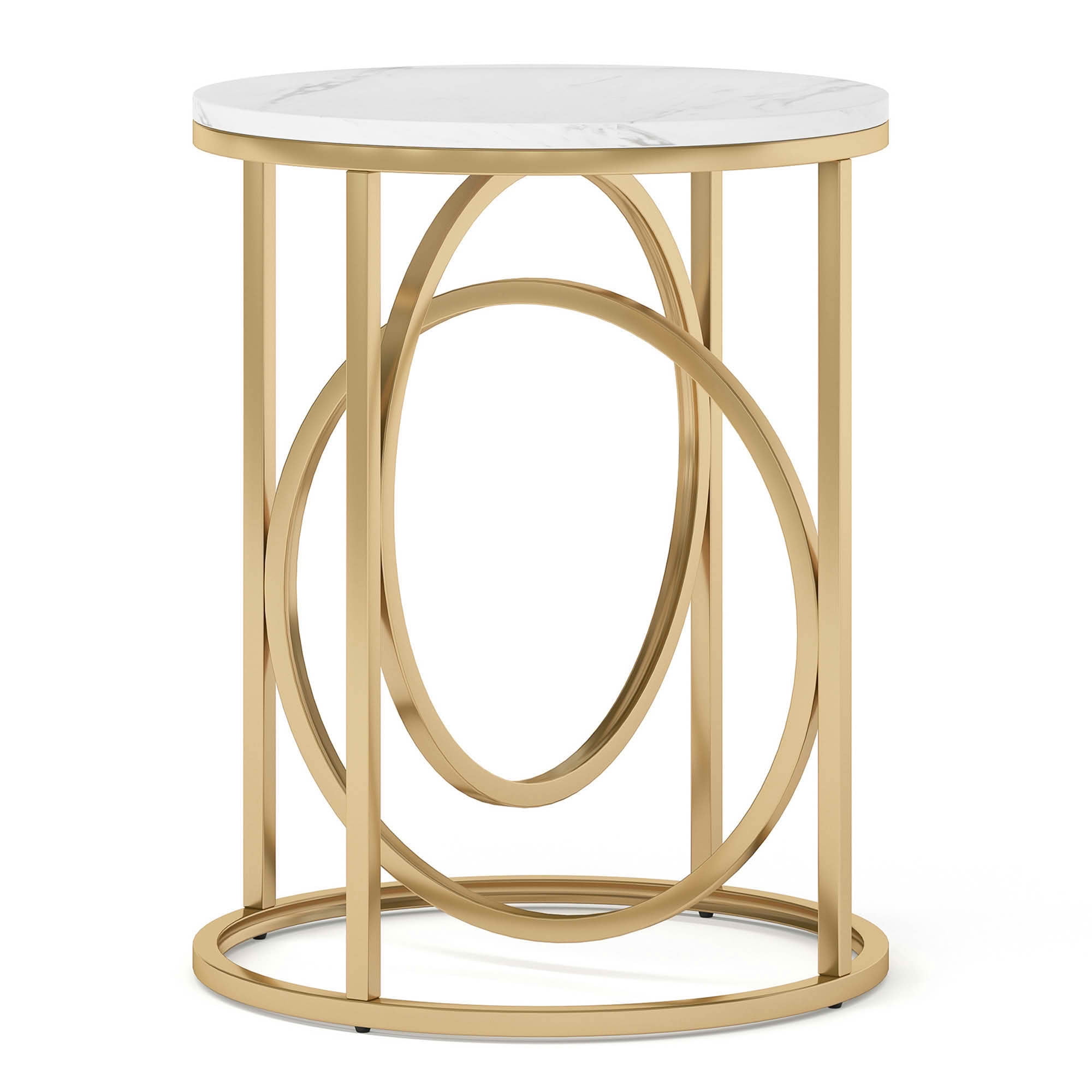 MAYEERTY 19.7" Round Modern End Side Table, White Faux Marble MDF Top Golden O-Shaped Thick Steel Frame Nightstand with Anti-Slip Floor Pads