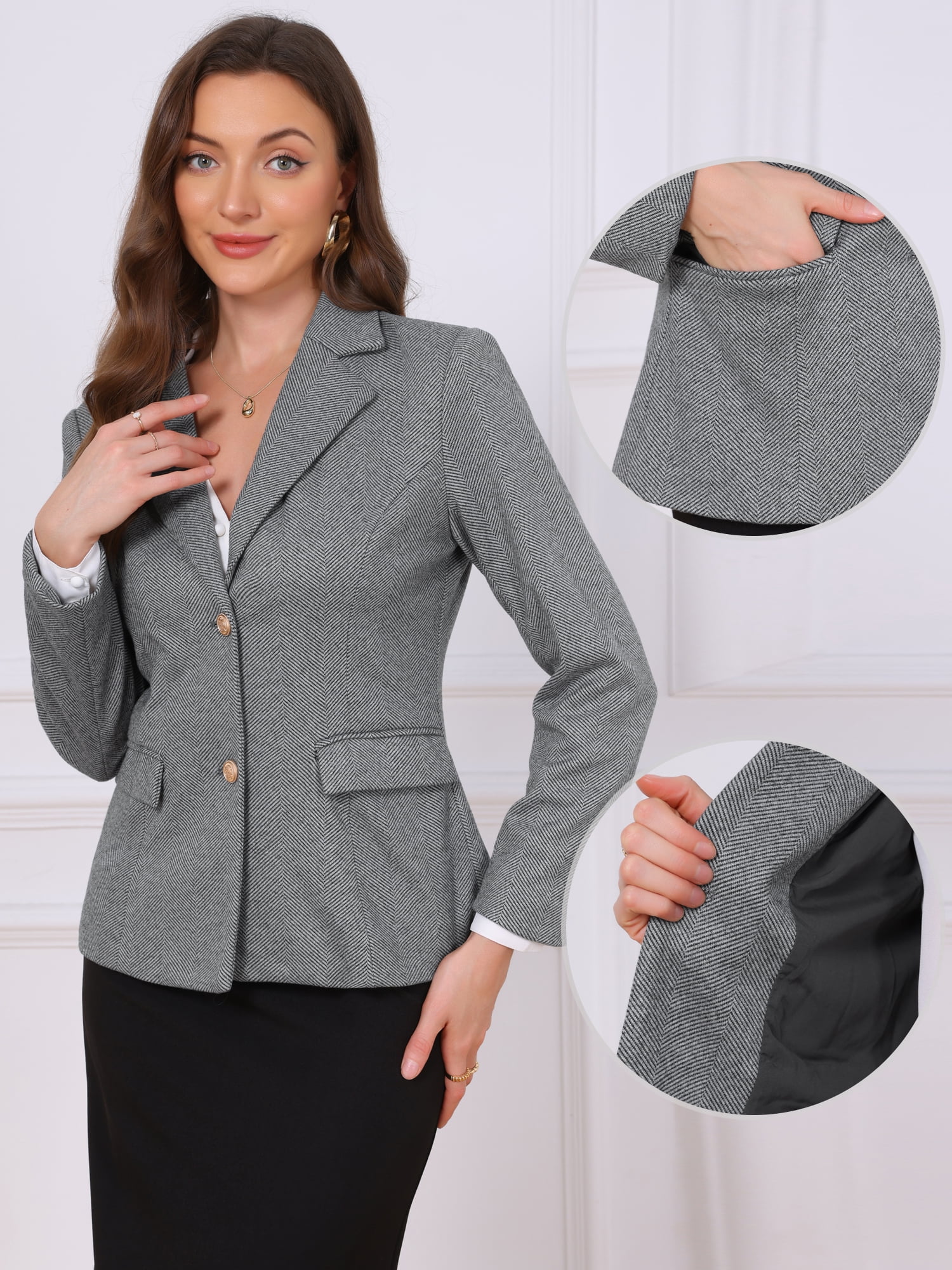 DARING DIVA Women's Herringbone Office Wear Blazer L Grey Black