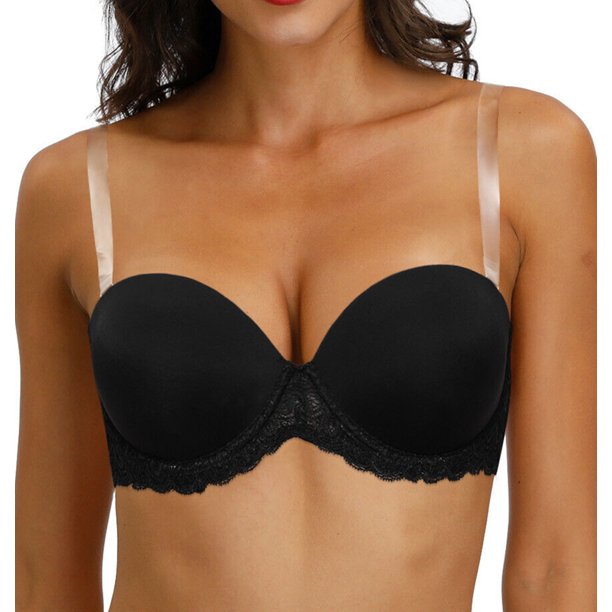 Strapless Clear Back Strap Convertible Bra with Lace Padded Underwired Plus Size Brassiere