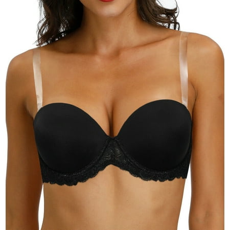 

Strapless Clear Back Strap Convertible Bra with Lace Padded Underwired Plus Size Brassiere
