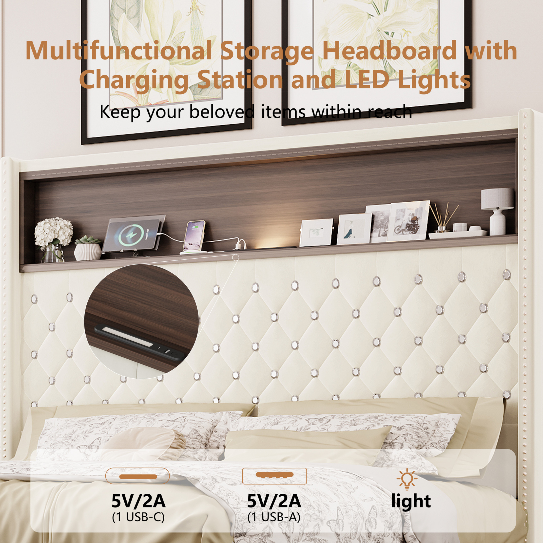 Noble House Queen Size Velvet Tufted Bed Frame with USB Port, Night Light, 52" Rivet-Decor Headboard,Headboard Shelf, Beige
