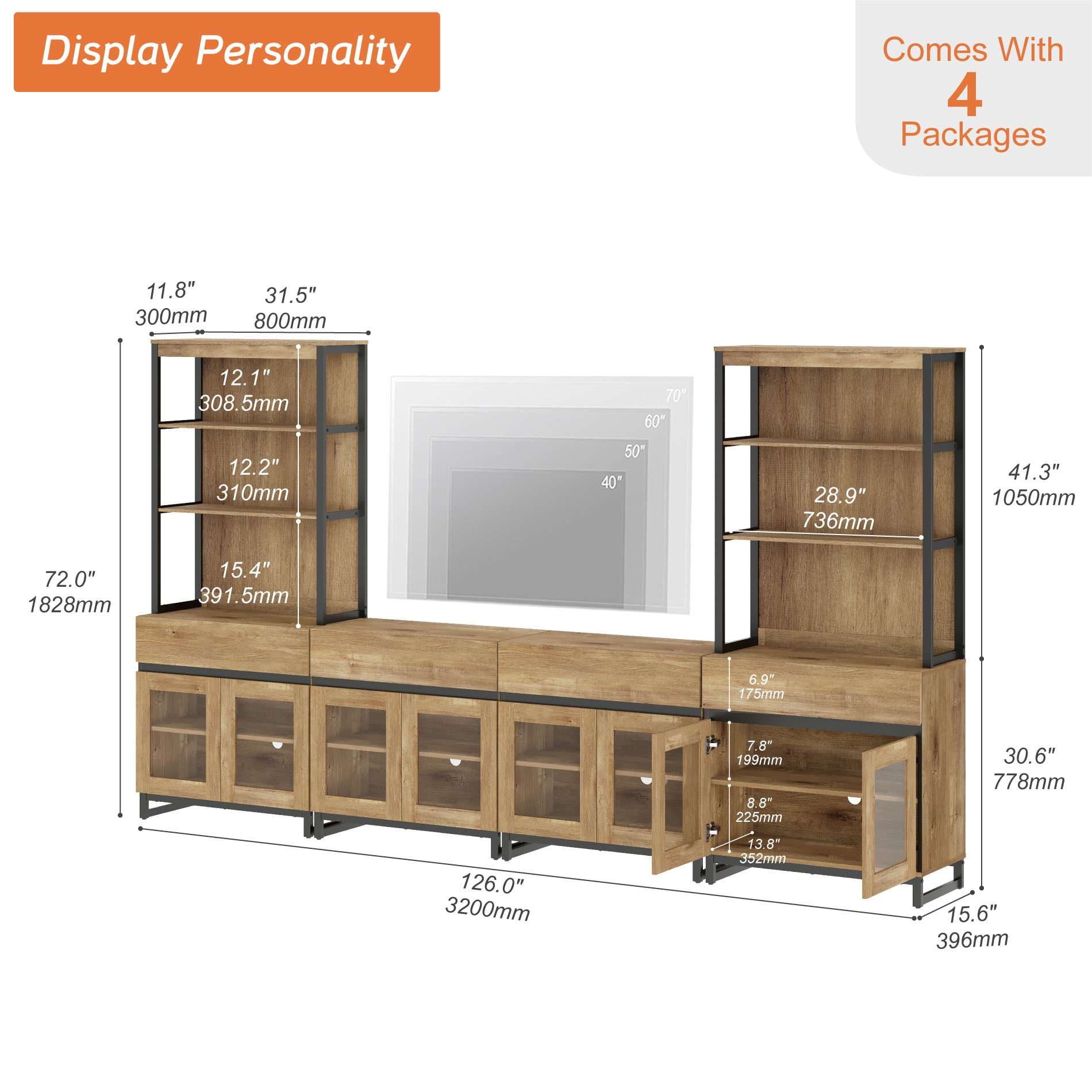 WAMPAT Modern Farmhouse TV Stand with 3-Tier Bookshelf & 4 Large Storage Cabinets, Adjustable Shelf and 4 Drawers Wooden Media Console with Glass Doors, Entertainment Center for Living Room