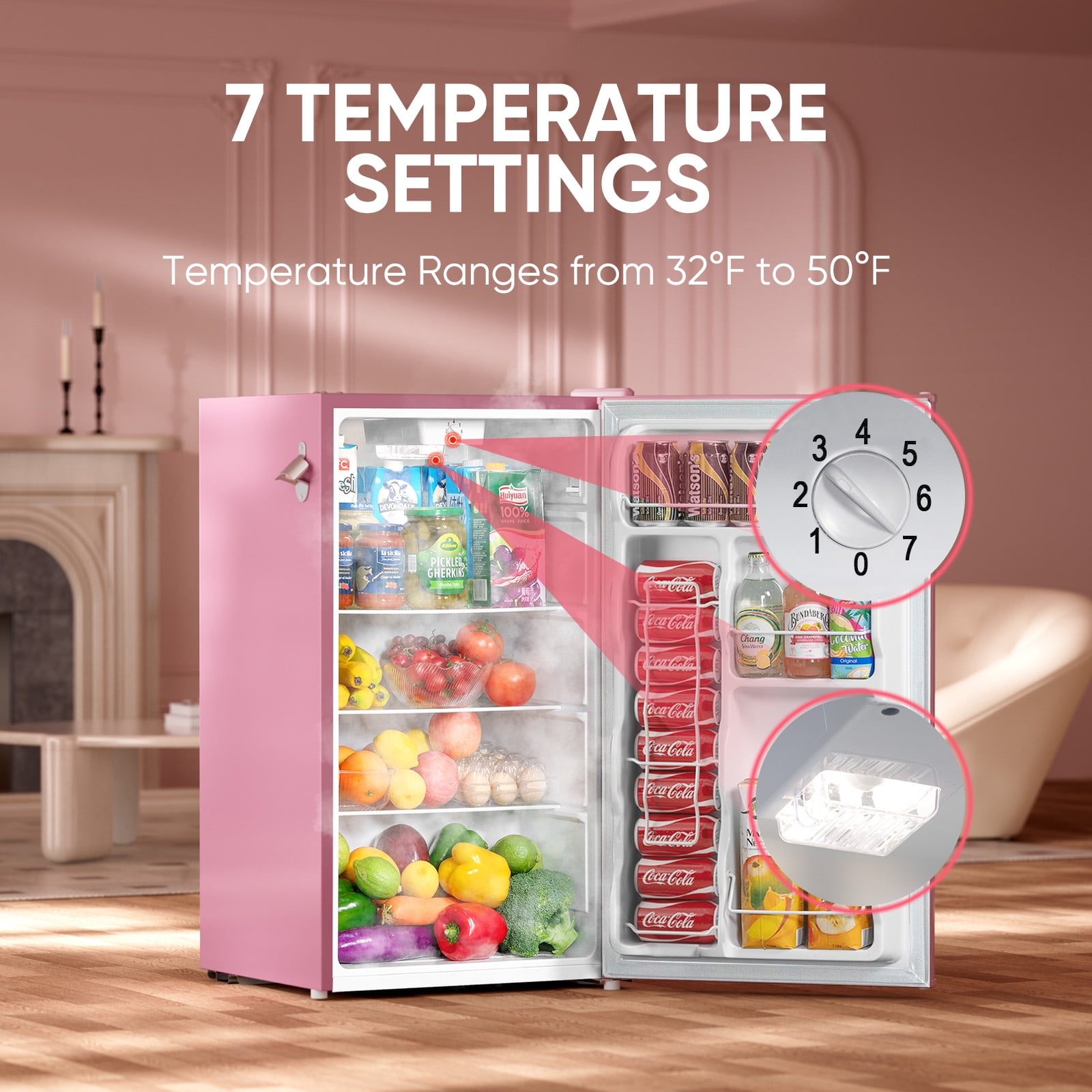 Upstreman 3.2 Cu.ft Retro Compact Fridge with Side Bottle Opener, Single Door Small Refrigerator Retro Bar Fridge, Pink BR321 PRO