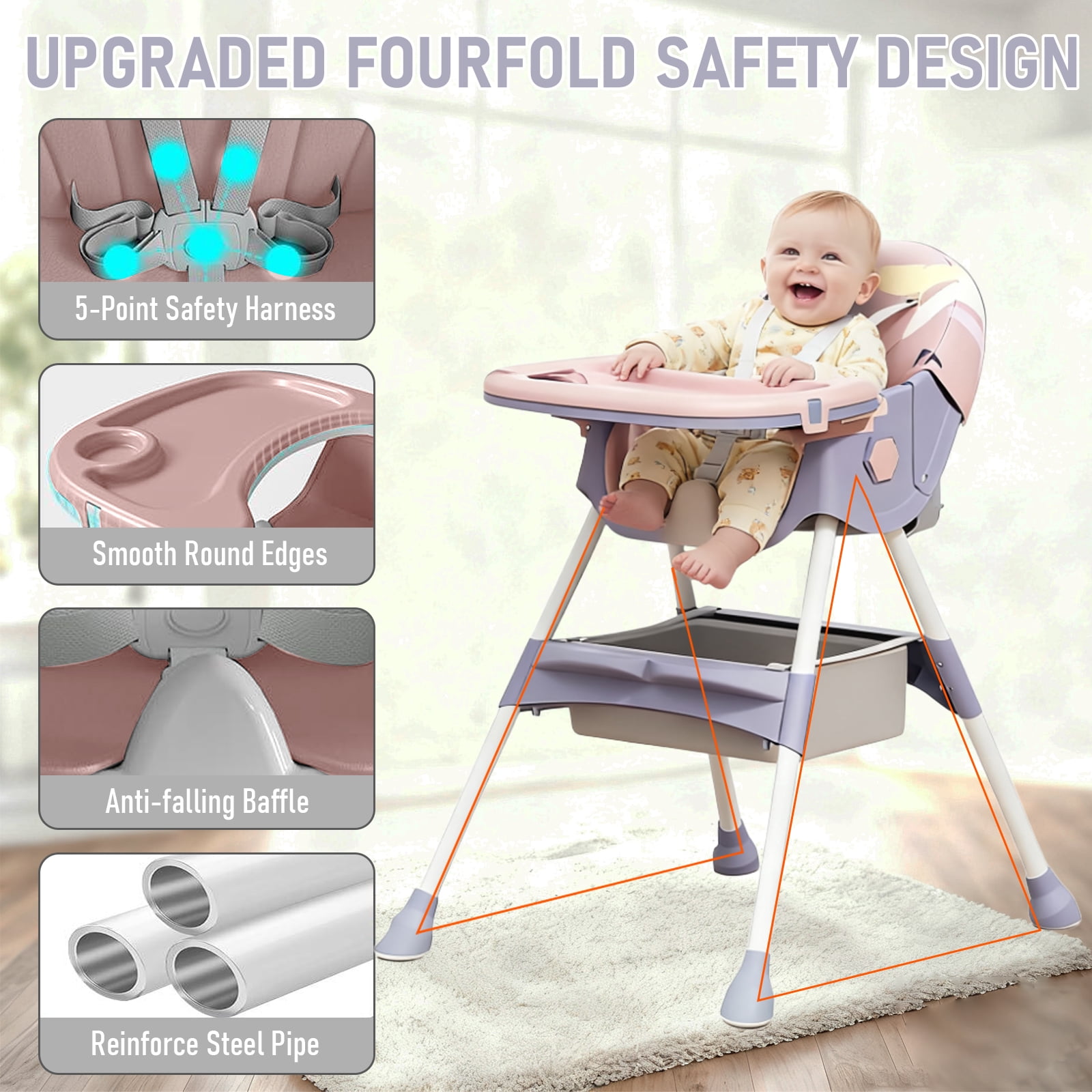 JieC Baby High Chair, 4 in 1 Convertible Highchair for Babies & Toddlers, Double Tray Dining Chair with 5-Point Harness & Silent Wheel,Pink Purple