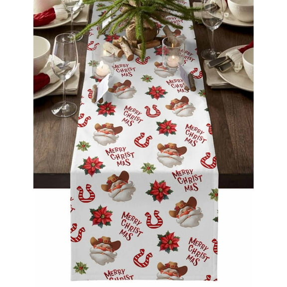 Christmas Table Runner Western Cowboy Santa Claus Table Runners Poinsettias Candy Horseshoes Cotton Linen Dresser Scarf Kitchen Dining Table Decor for Christmas Holiday Party Decor 13x36 Inch