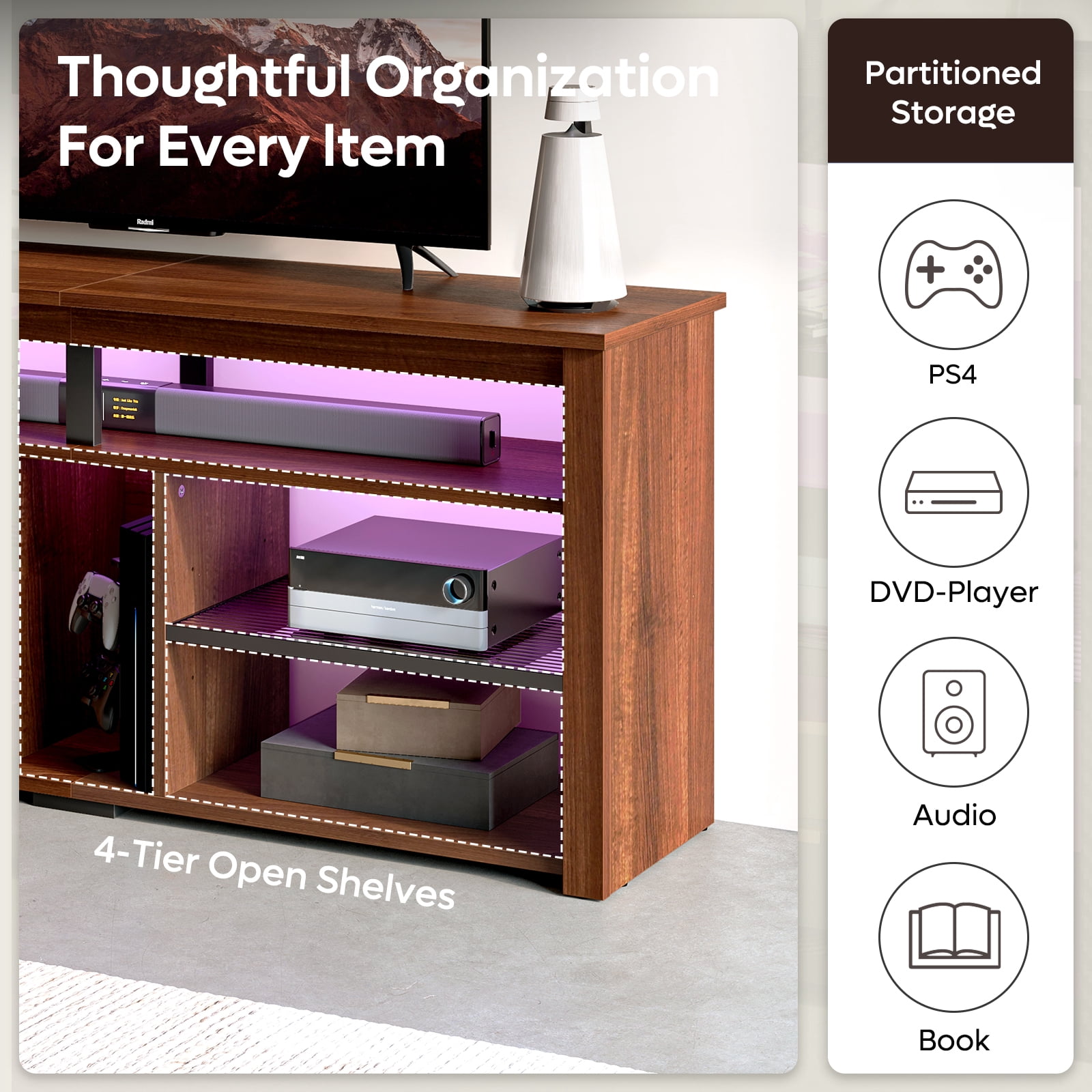 Bestier Tall TV Stand for 65" TVs,Entertainment Center with PS5 Storage,LED TV Stands for Living Room,TV console with Adjustable Storage Shelf,Walnut TV Stand