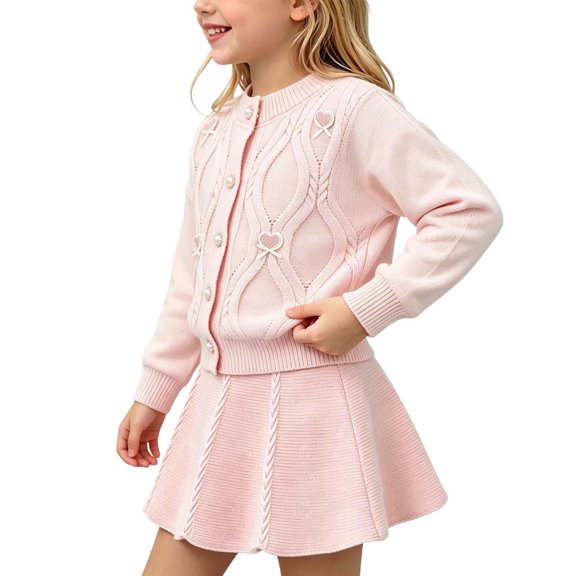 Juorvia Girls Pleated Skirt 2-Piece Outfit Knitted Loose Fitted Button down Cardigan Sweater Pullover(1-2 Years,Pink)