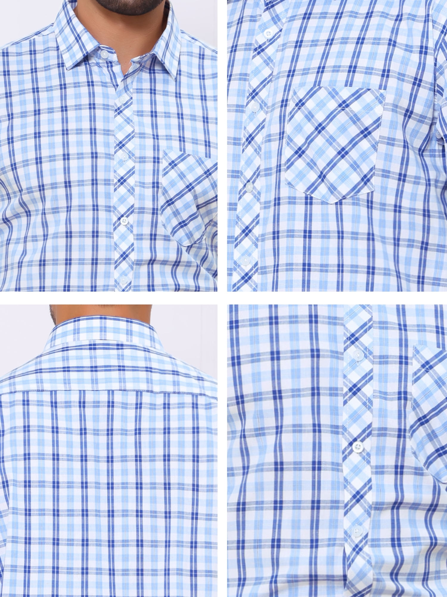 DARING DIVA Men's Long Sleeve Checked Shirt Point Collar Button Plaid Shirt XL White Blue