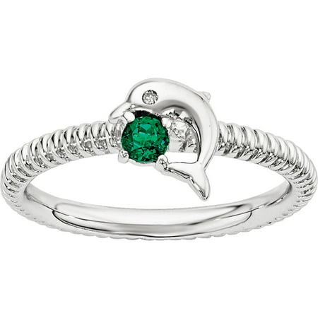 Emerald May Birthstone Ring - Created Emerald and Diamond Sterling Silver Dolphin Ring