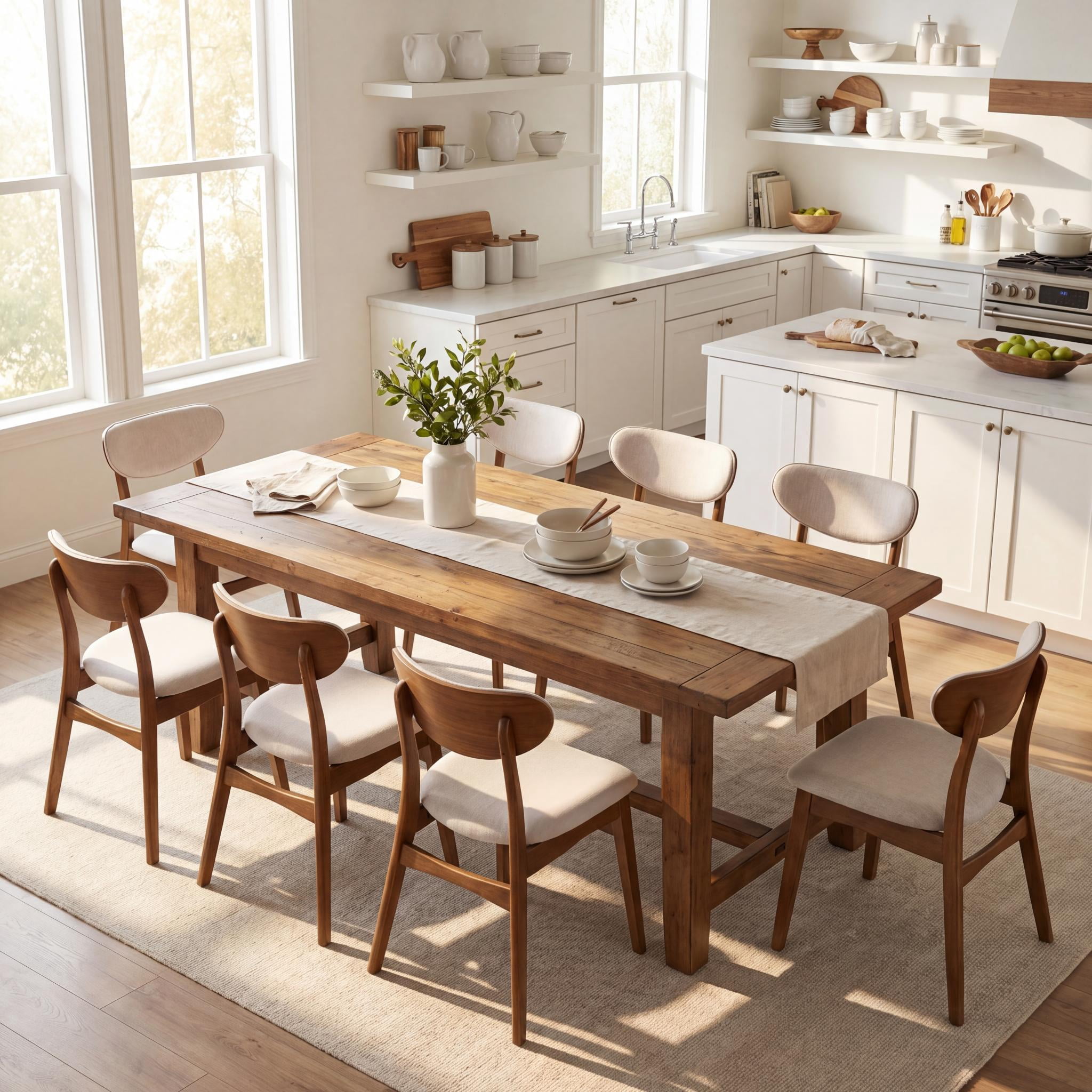 Prilinex Farmhouse Dining Chairs Set of 8, Mid Century Modern Fabric Upholstered Kitchen Chairs, Wooden Dining Room Chair with Curved Back for Kitchen Dining Room Restaurant Cafe, Beige