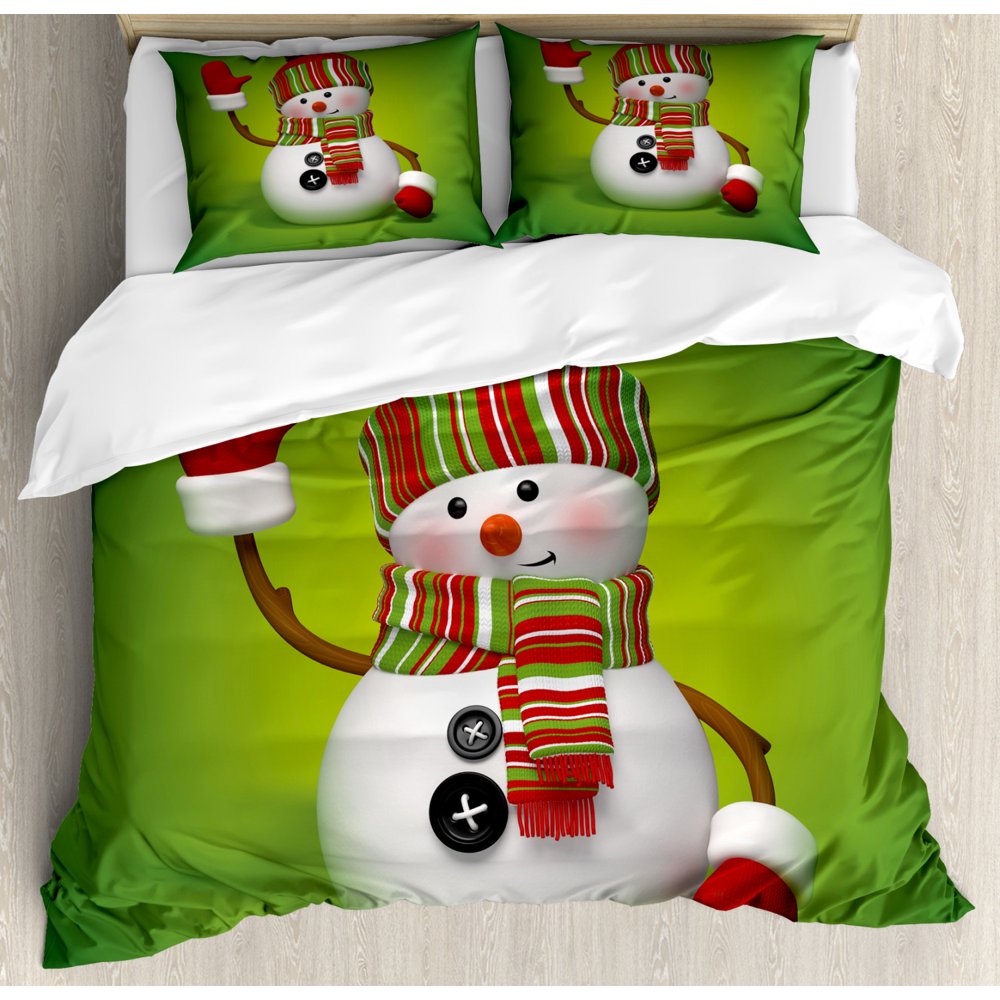 Snowman Duvet Cover Set King Size, 3D Style Fun Character Greeting