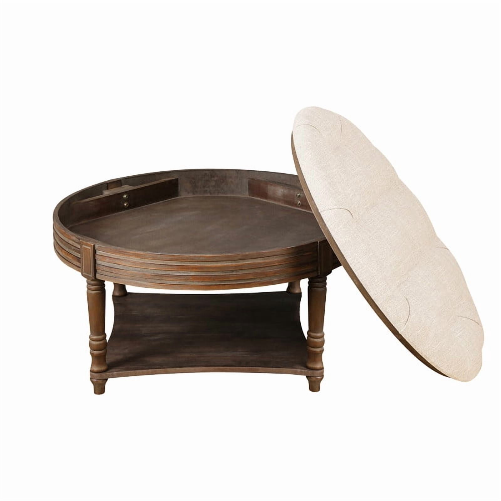 Round Storage Ottoman Coffee Table with Wooden Shelf, Oversized Tufted Upholstered Ottoman with Hidden Storage, Waterproof Linen Footrest for Living Room,Beige