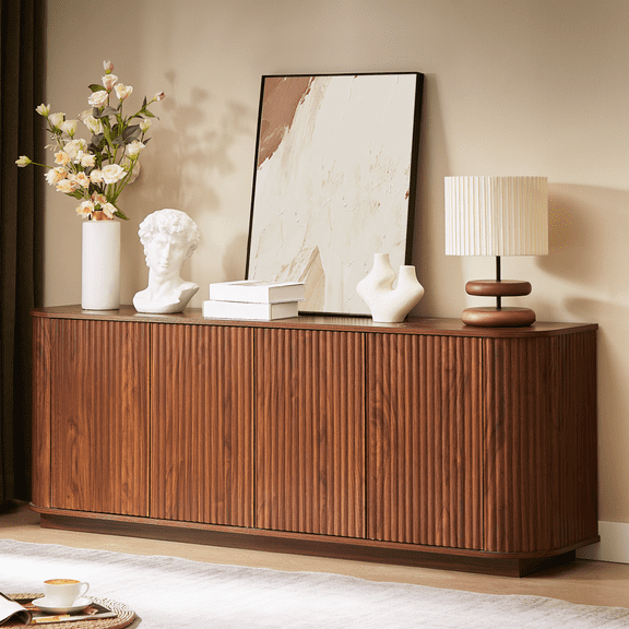 Sideboard Storage Cabinet TV Stand with wave pattern Buffet Cabinet Wooden Vertical Striped Cabinet for Kitchen/Bedroom/Entryway. Natural, 64''W x 15''D x 24''H.