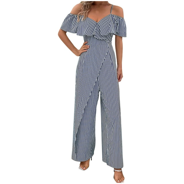 biudgviw Jumpsuits for Women off the Shoulder Ruffle Boho Vacation One Piece Wide Leg Palazzo Pants Rompers Striped Date Night Outfits