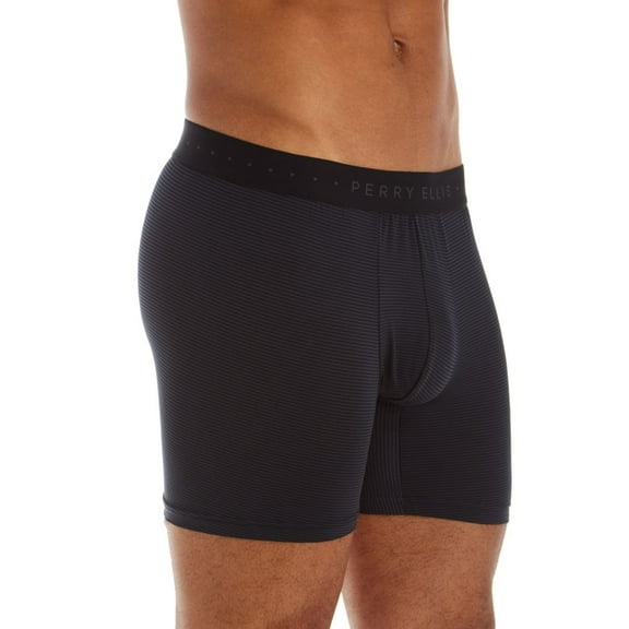 Men's Perry Ellis 960735 Luxe Striped Boxer Brief (Black/Ebony XL)