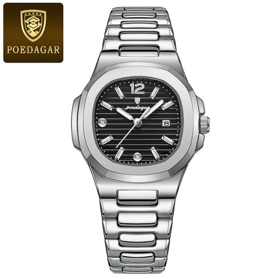 POEDAGAR Black Women Luxury Square Quartz Stainless Steel Watch Luminous Waterproof Date Wristwatch