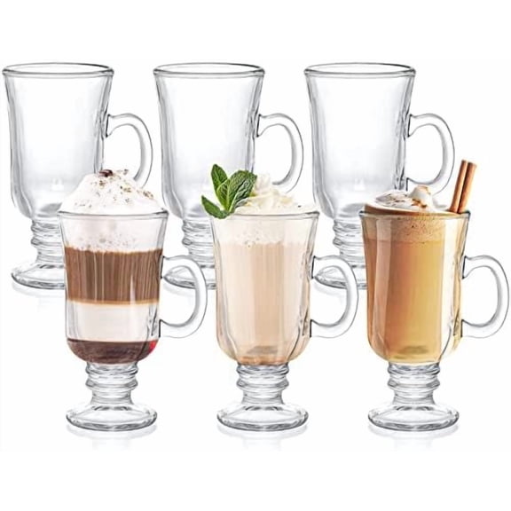 Set of 6 Irish Coffee Mugs, 8 Oz Glass Footed Espresso Cups with Handles, Clear Goblet Mugs Glasses for Coffee, Latte, Cappuccino, Smoothie, Hot&Cold Beverage