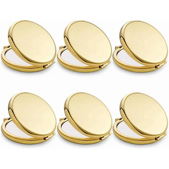 Compact Mirror, Pocket Travel Makeup Mirror for Purse, Metal Round Shell, 2-Sided 1X/2X Magnifying, Portable, Folding, Handheld, Gold, 6 Pack