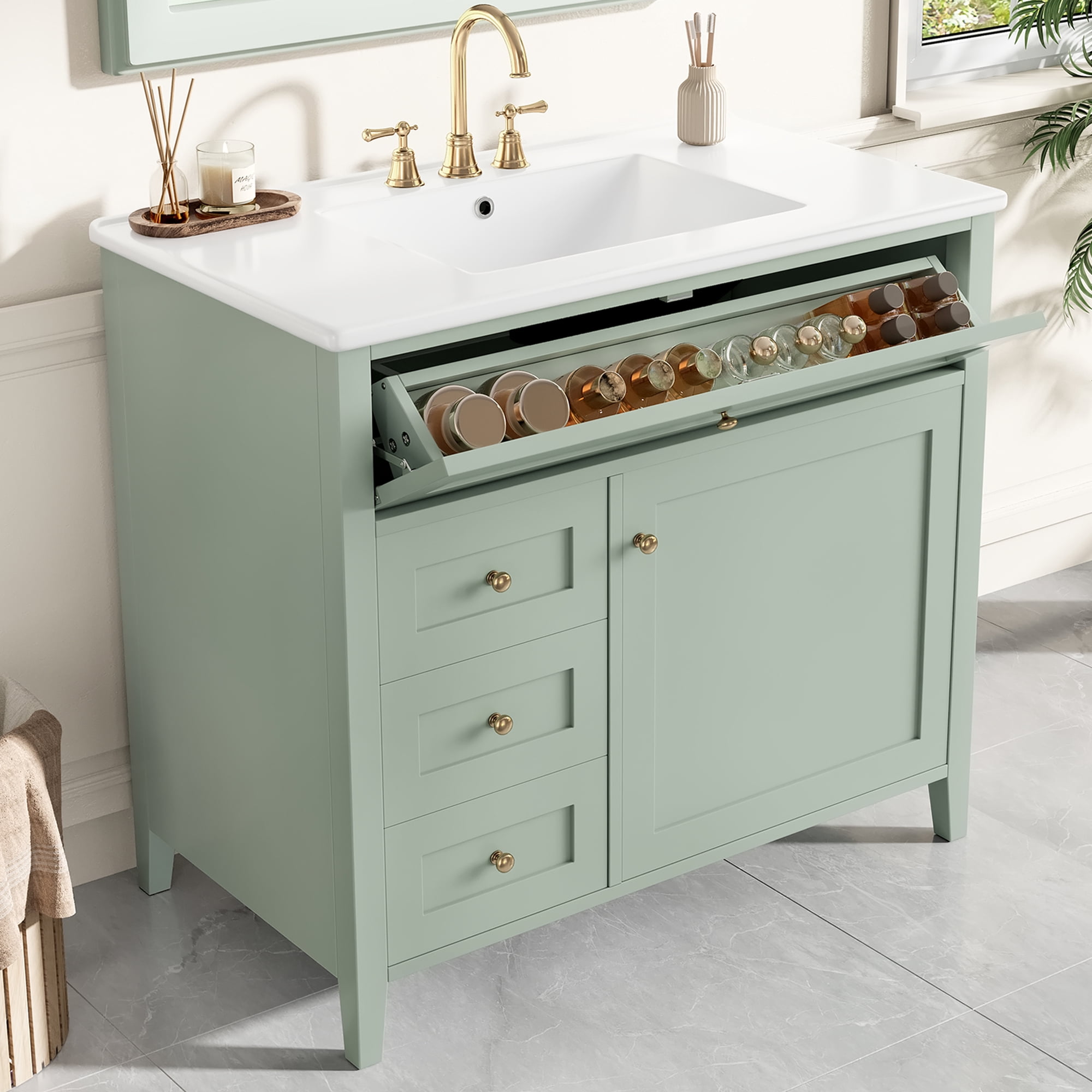 Euroco 36-Inch Green Bathroom Vanity with Sink, Modern MDF and Rubberwood Cabinet with 3 Drawers and Adjustable Shelf, Freestanding Vanity for Bathroom Storage and Organization