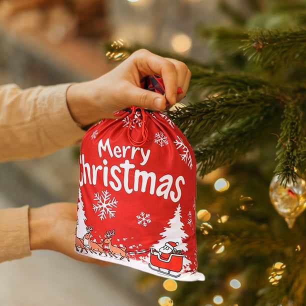 Bolsa grande de regalo navideña con cordón | Diseño de Papá Noel sin rostro con estampado de bosque de terciopelo | Bolsa infantil para dulces y regalos de fiesta