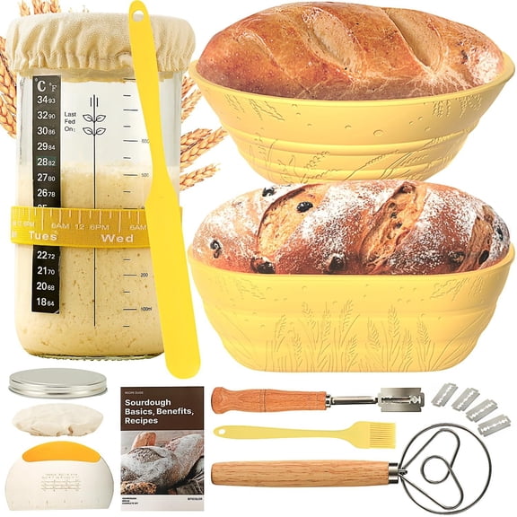 Godance Sourdough Bread Baking Supplies, Sourdough Starter Kit, 9"Round & 11"Oval Silicone Bread Proofing Baskets Set of 2, Sour Dough Making Tools Kit, Sourdough Kit Gifts for Bakers Women Wife Mom