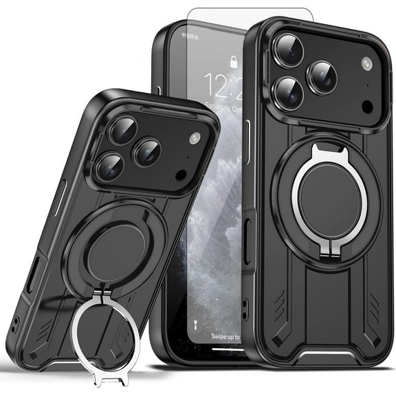 Phone Case Compatible with iPhone 17 Pro Max 6.9 inch and Tempered Glass Screen Protector Magnetic Ring Holder Stand Kickstand Wireless Charging i Phone17 ProMax 17ProMax Cover