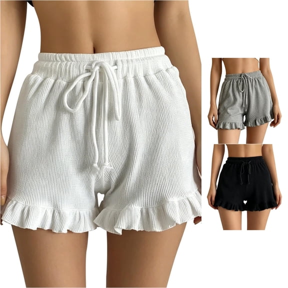 MEZZALL Women Shorts Lady Summer Lace Frill Elastic Waist Tie Bow Front Sports Ruffle Solid Color Workout Bottoms , White